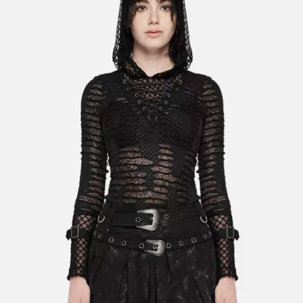 Black Mesh Hooded Women's Top - Picture 4 of 12